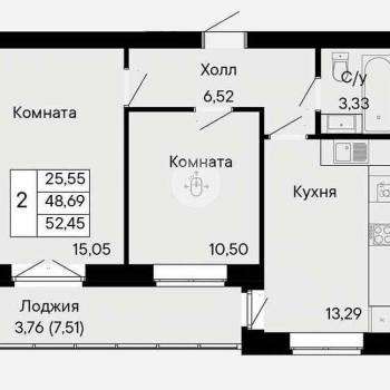 Продается 2-х комнатная квартира, 52,5 м²