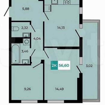 Продается 2-х комнатная квартира, 56,6 м²