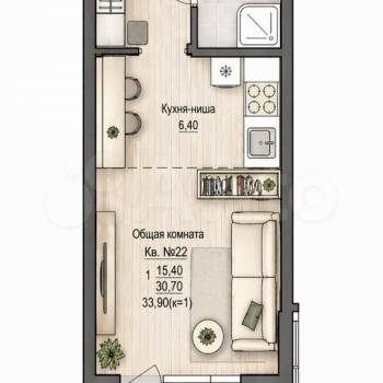 Продается 1-комнатная квартира, 33,9 м²
