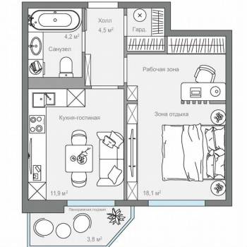 Продается 1-комнатная квартира, 40,6 м²