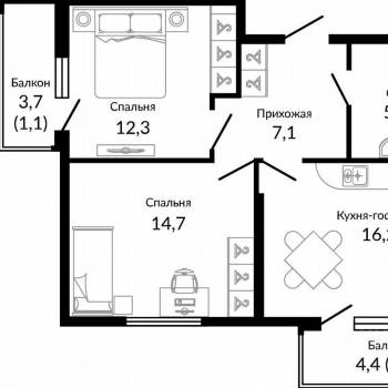 Продается 2-х комнатная квартира, 56,2 м²