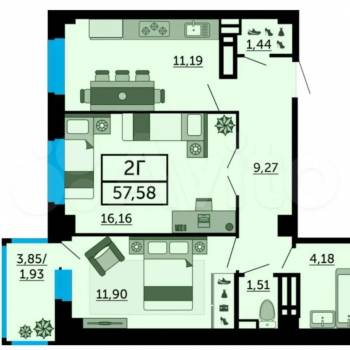 Продается 2-х комнатная квартира, 57,9 м²