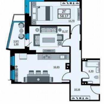 Продается 2-х комнатная квартира, 58,1 м²