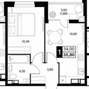 Продается 1-комнатная квартира, 35,8 м²