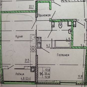 Продается 1-комнатная квартира, 54 м²