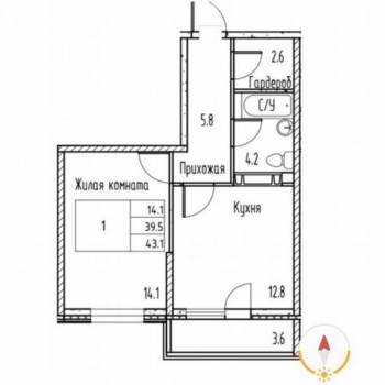 Продается 1-комнатная квартира, 43,1 м²
