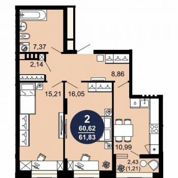Продается 2-х комнатная квартира, 61,8 м²