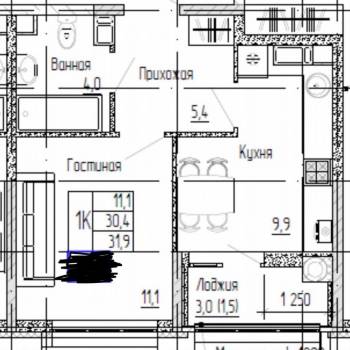 Продается 1-комнатная квартира, 30,4 м²