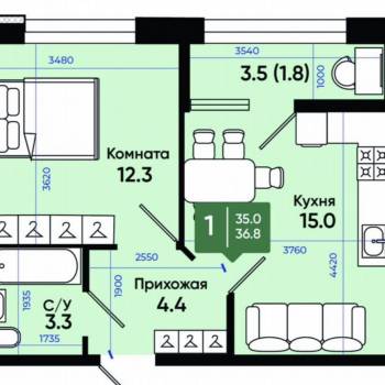 Сдается 1-комнатная квартира, 36,8 м²