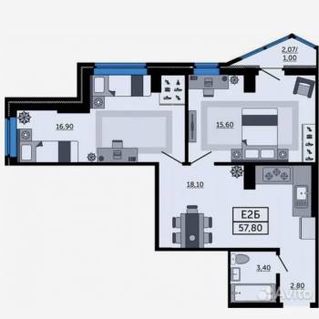 Продается 2-х комнатная квартира, 57,6 м²