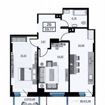 Продается 2-х комнатная квартира, 60,1 м²