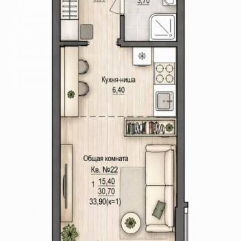 Продается 1-комнатная квартира, 33,9 м²