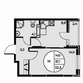 Продается 1-комнатная квартира, 33,4 м²