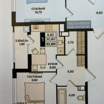 Продается 1-комнатная квартира, 32,6 м²
