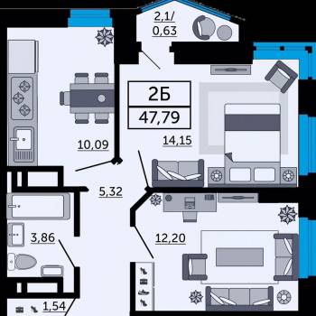 Продается 2-х комнатная квартира, 47,8 м²