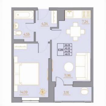 Продается 1-комнатная квартира, 46,1 м²