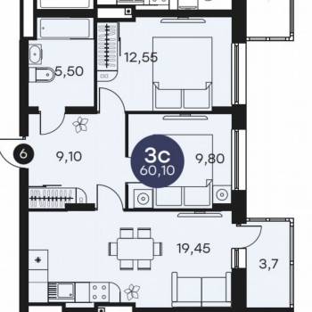 Продается 2-х комнатная квартира, 60,1 м²