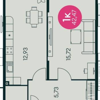 Продается 1-комнатная квартира, 42,47 м²