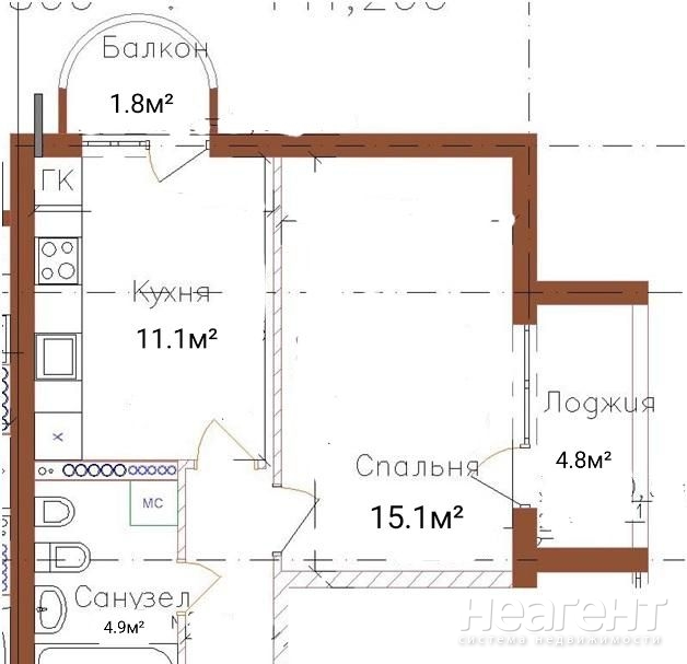 Продается 1-комнатная квартира, 46 м²