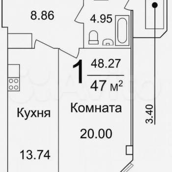 Продается 1-комнатная квартира, 47,4 м²