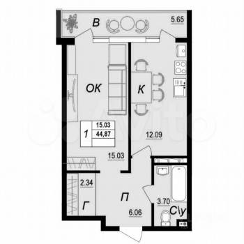 Продается 1-комнатная квартира, 44,9 м²
