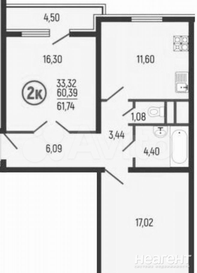 Продается 2-х комнатная квартира, 61,7 м²