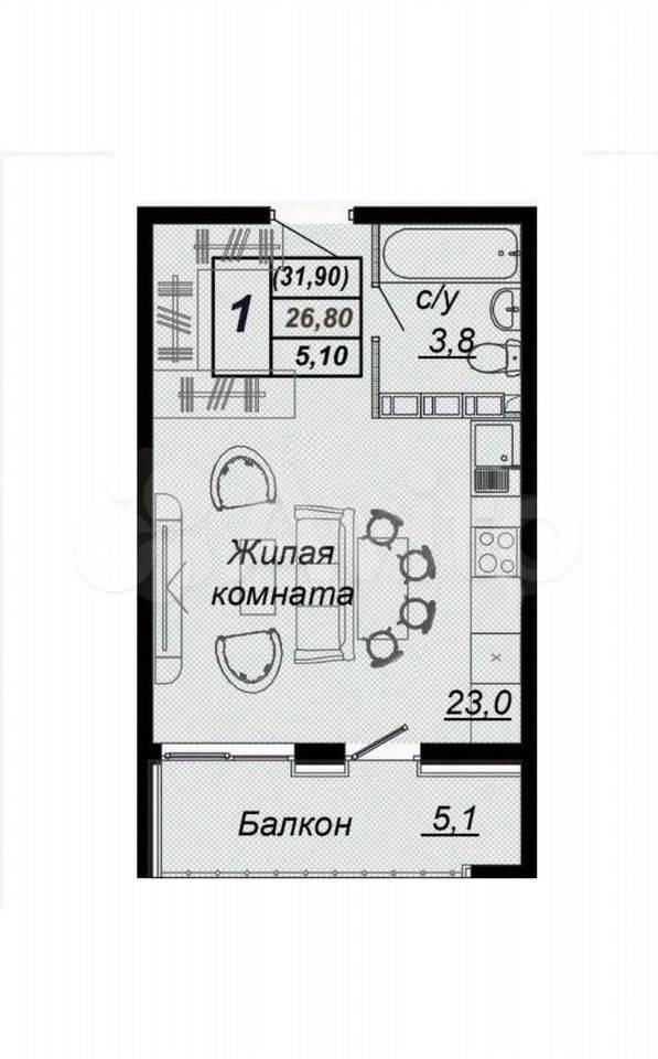 Продается 1-комнатная квартира, 31,9 м²