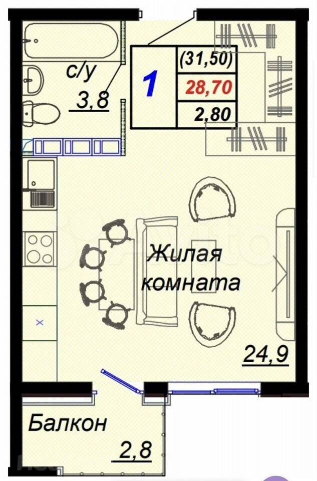 Продается 1-комнатная квартира, 31,6 м²