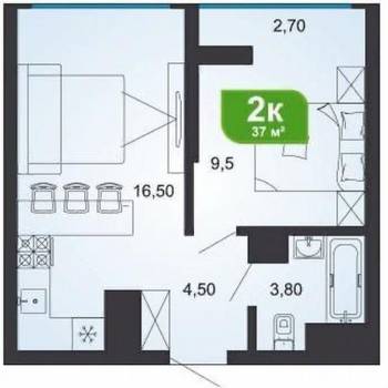 Продается 2-х комнатная квартира, 37 м²