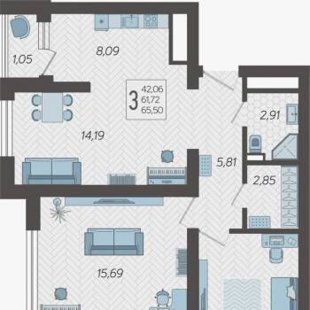 Продается 2-х комнатная квартира, 66 м²