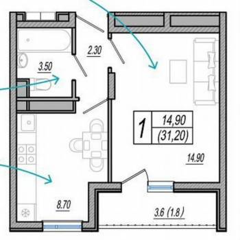 Продается 1-комнатная квартира, 34 м²