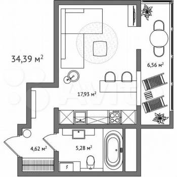 Продается 1-комнатная квартира, 34,1 м²