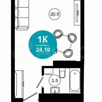 Продается 1-комнатная квартира, 24,1 м²