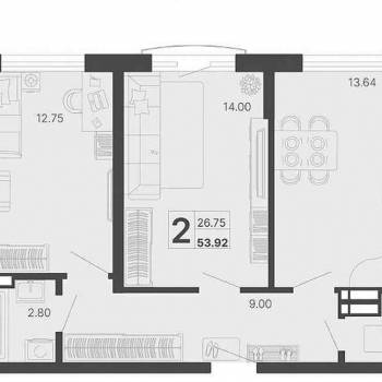 Продается 2-х комнатная квартира, 53,9 м²