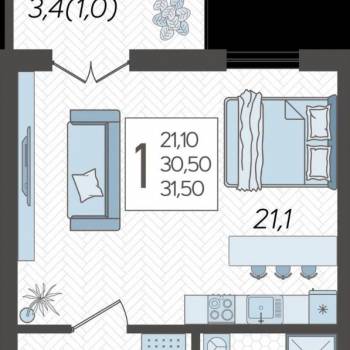 Продается 1-комнатная квартира, 33 м²