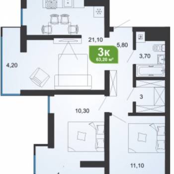 Продается 3-х комнатная квартира, 64 м²