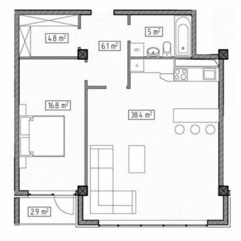 Продается 1-комнатная квартира, 74 м²