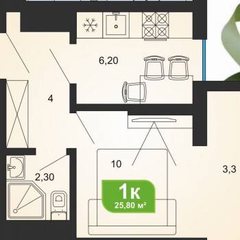 Продается 1-комнатная квартира, 25,4 м²