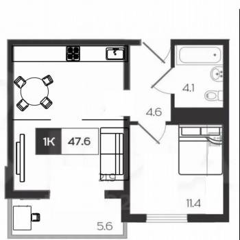 Продается 1-комнатная квартира, 47 м²