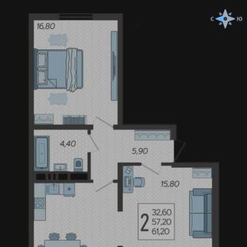 Продается 2-х комнатная квартира, 59,7 м²