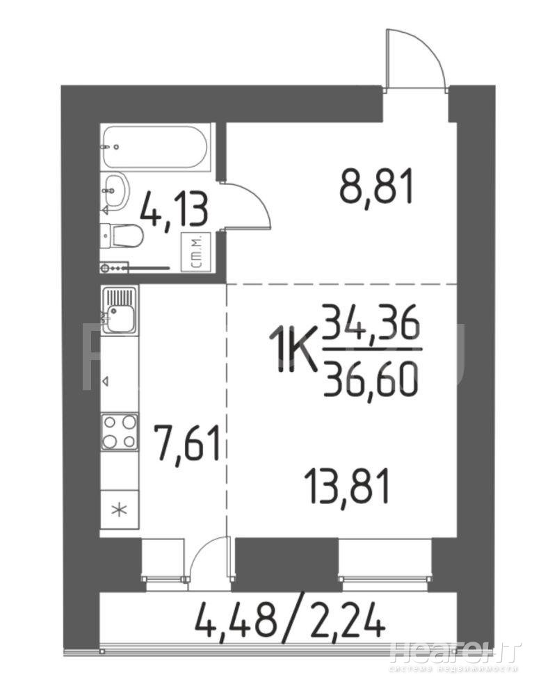 Продается 1-комнатная квартира, 36 м²