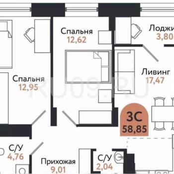 Продается 3-х комнатная квартира, 59 м²