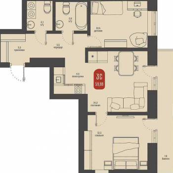 Продается 3-х комнатная квартира, 59,9 м²