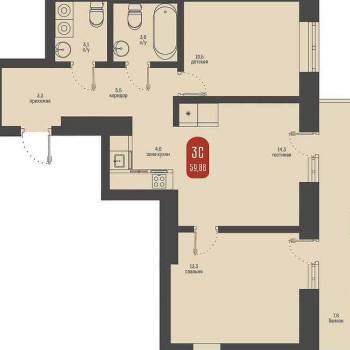 Продается 3-х комнатная квартира, 59,9 м²