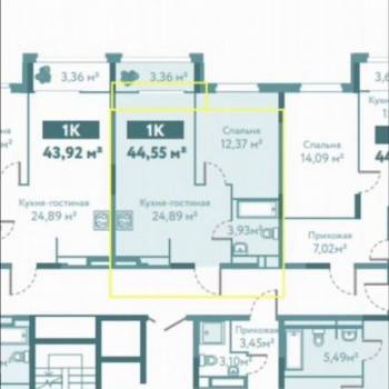 Продается 1-комнатная квартира, 44,6 м²