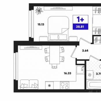 Продается 1-комнатная квартира, 38,81 м²