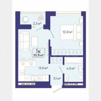 Продается 1-комнатная квартира, 33,9 м²