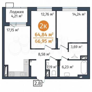 Продается 2-х комнатная квартира, 61,4 м²