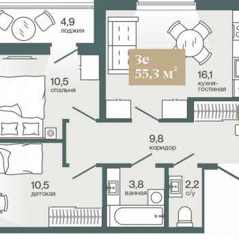 Продается 2-х комнатная квартира, 55 м²