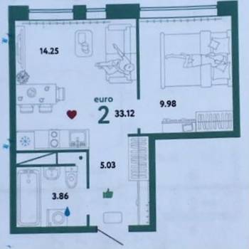 Продается 2-х комнатная квартира, 33,1 м²